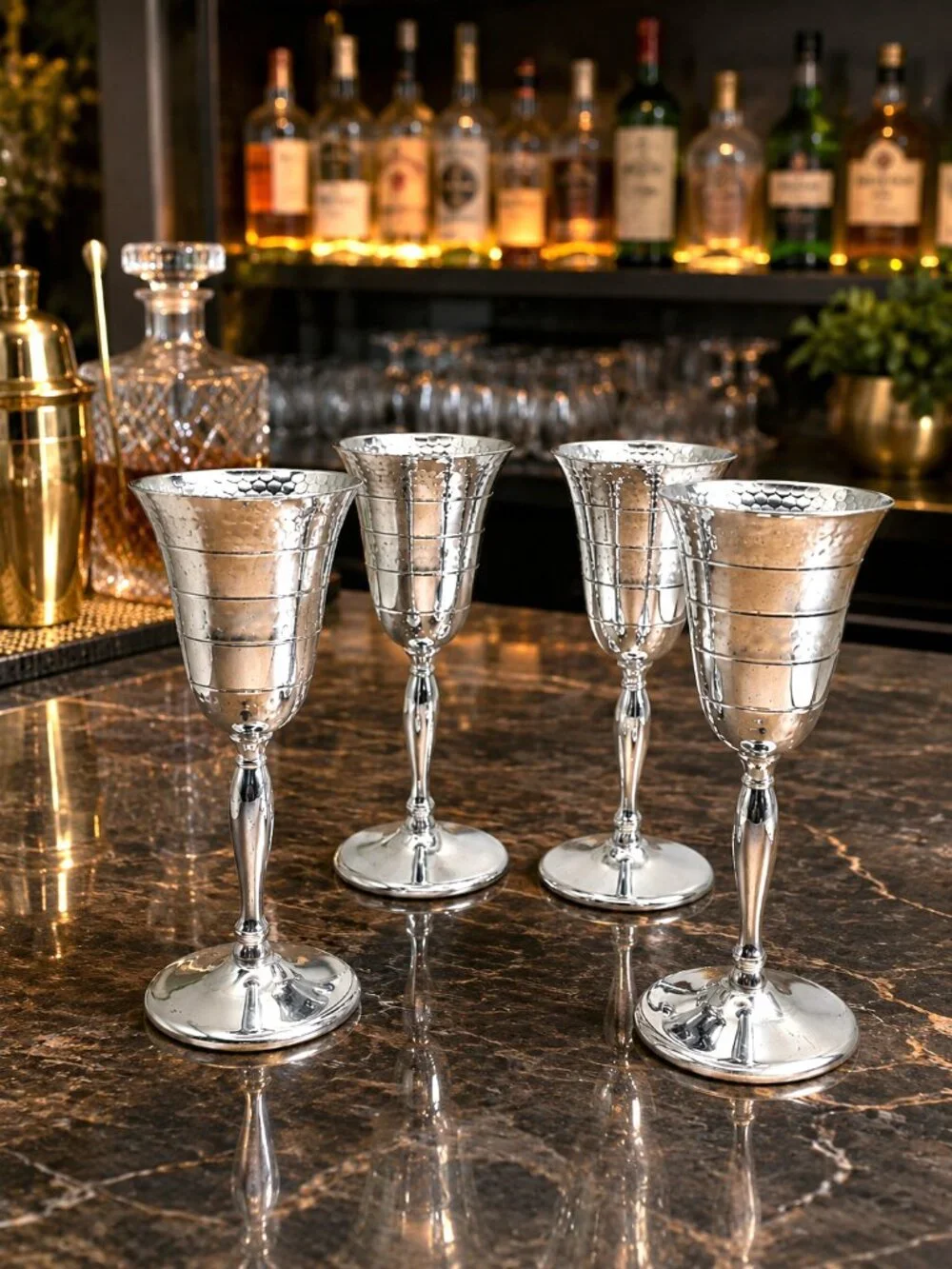 Farber Bros Krome Kraft Art Deco Hammered Chrome Goblets Set of 4 Vintage